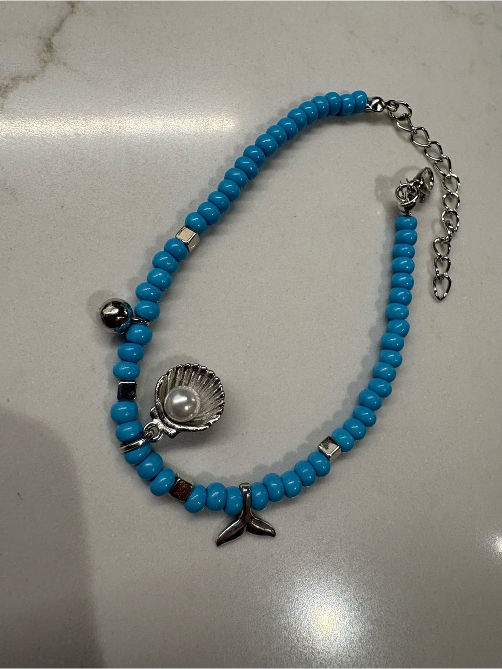 Blue Beaded Shell & Pearl Charm Anklet
